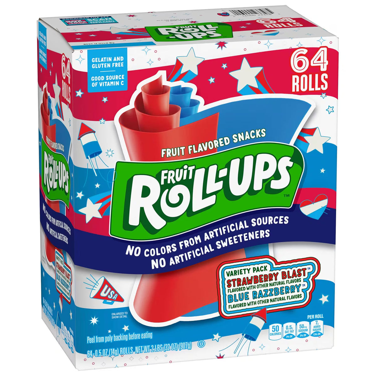 Fruit Roll-Ups Fruit Flavored Snacks Variety Pack Strawberry Blast Blue Razzberry 0.5 oz - 64 Pack