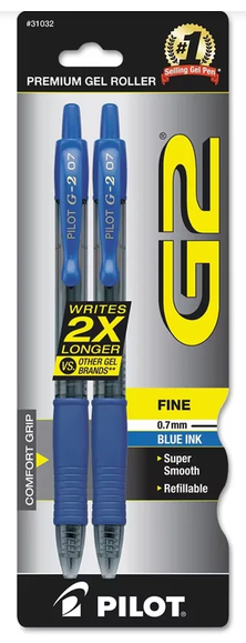 Pilot G2 Fine Blue Retractable Gel Pens 2 Ct