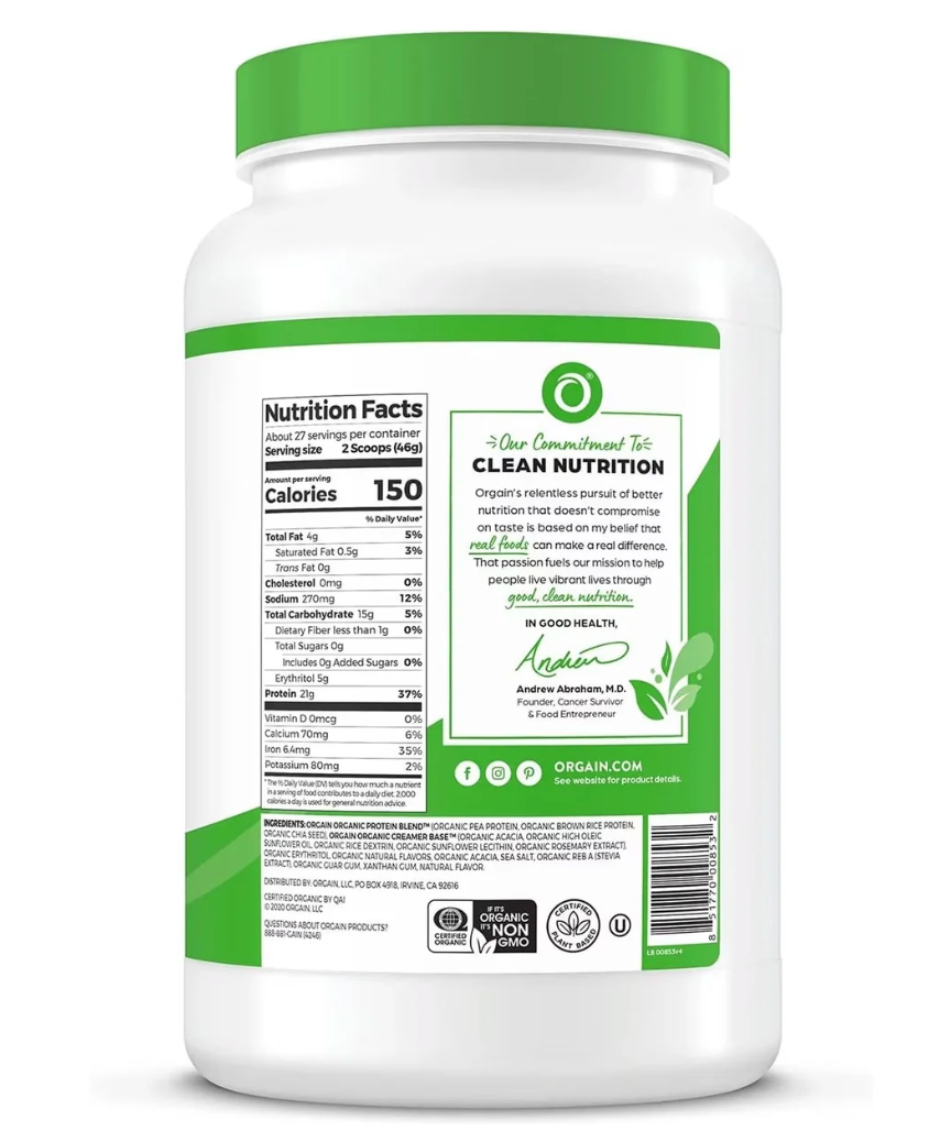 Orgain Organic Plant-Based Protein Powder, Vanilla Bean – 2.74 lb