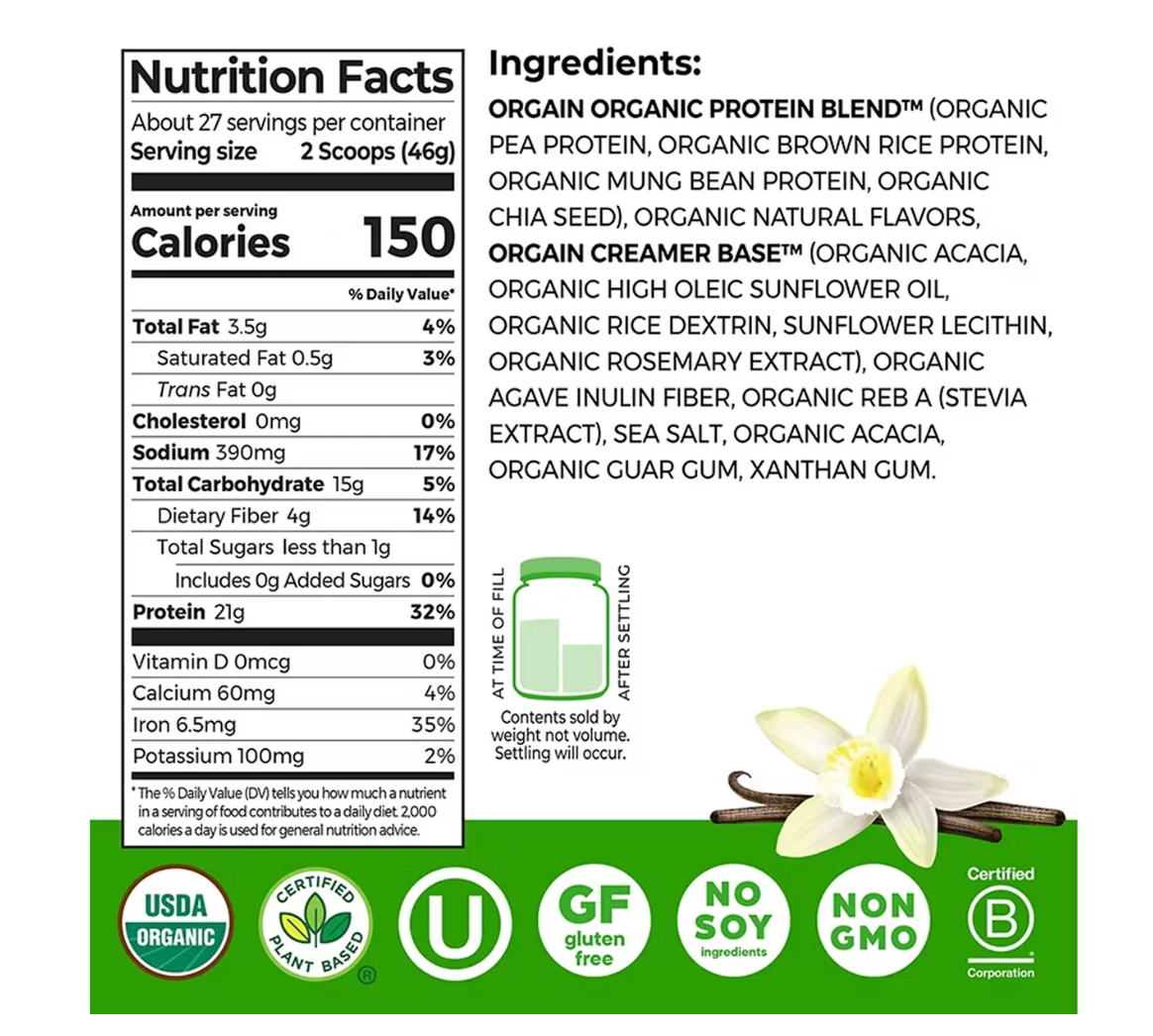 Orgain Organic Plant-Based Protein Powder, Vanilla Bean – 2.74 lb