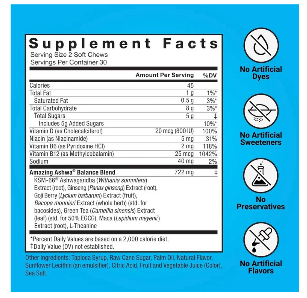 Force Factor Amazing Ashwa Triple Berry Ashwagandha Supplement - 60 Soft Chews