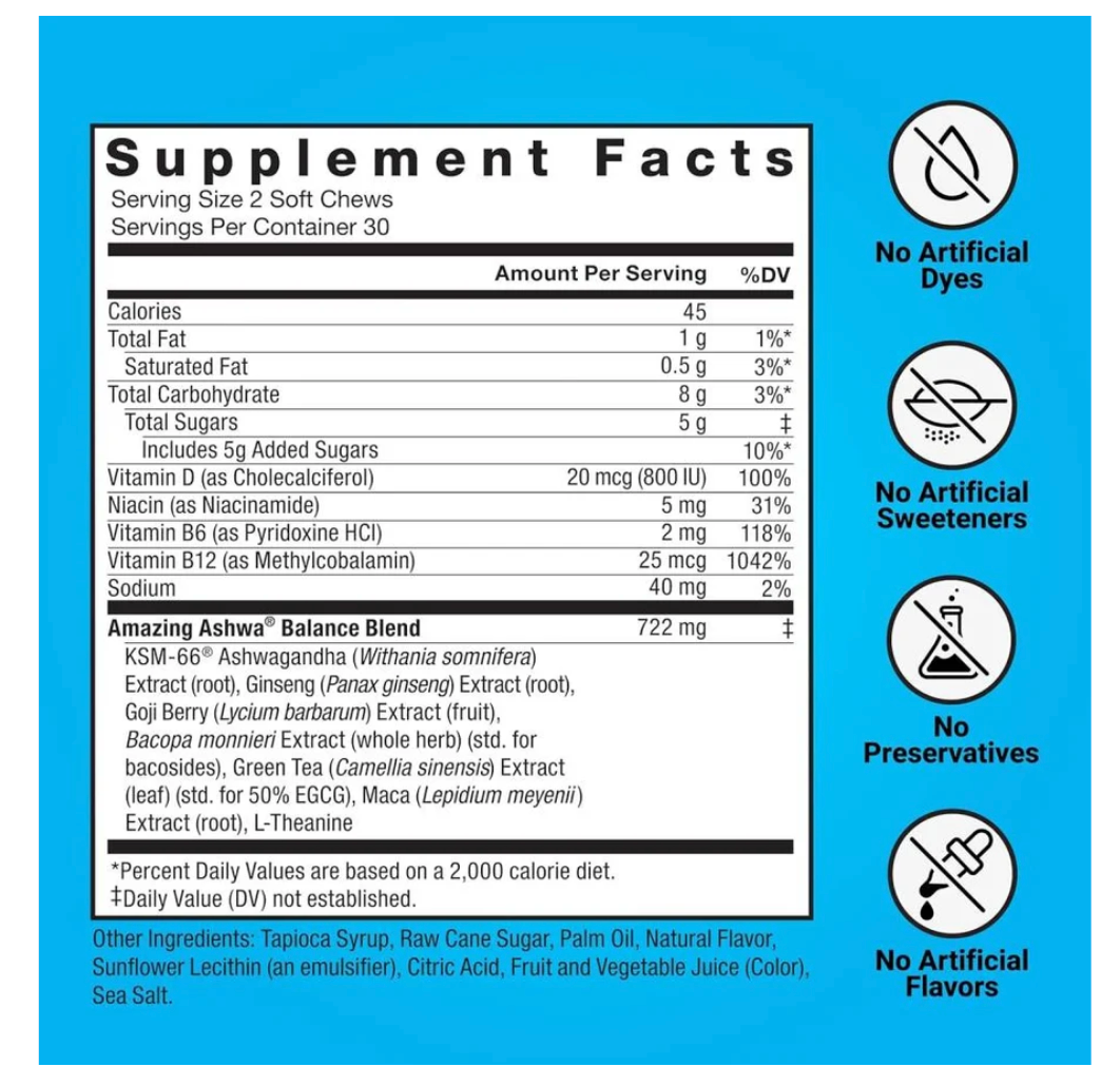 Force Factor Amazing Ashwa Triple Berry Ashwagandha Supplement - 60 Soft Chews